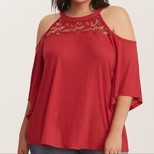 Torrid RED KNIT CROCHET INSET COLD SHOULDER TOP